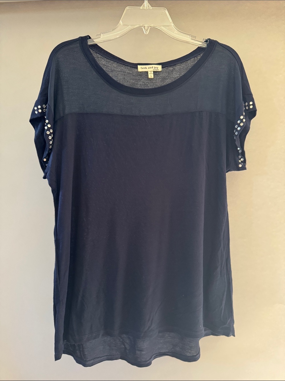 Faith and Joy Navy Short Sleeve Top with Bedazzled Sleeves